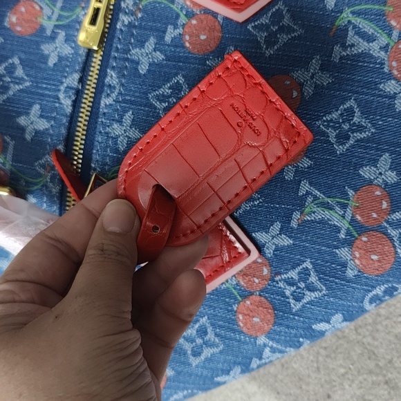 LV Denim Cherry Speedy 30 Like Satchel Monogram Croc Style Cherry Red - Picture 5 of 13